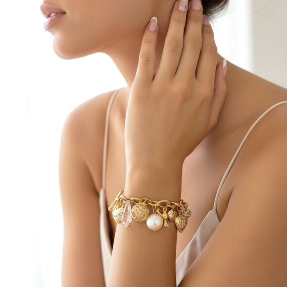 Vintage Juicy Couture Gold Charm Bracelet Y2K Blowfish Heart Crystals Palm Tree - Picture 1 of 11